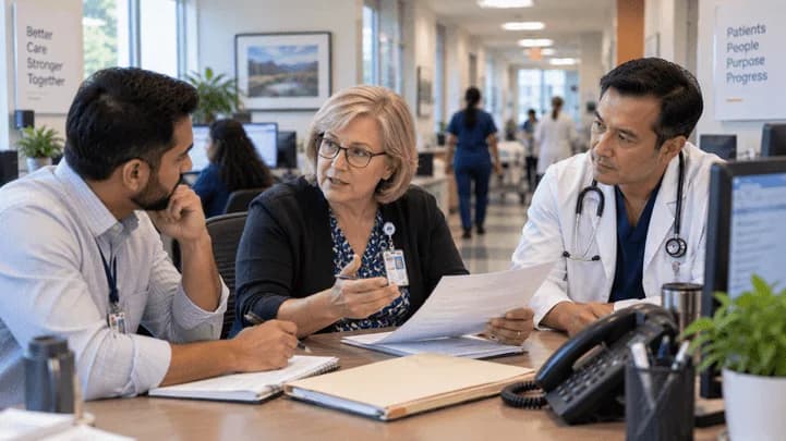 Denial-resolution specialist and clinician reviewing a claim together