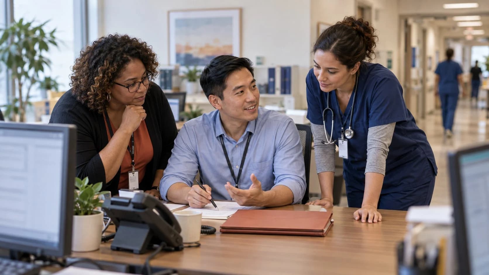 Denial-resolution specialist and clinician reviewing a claim together