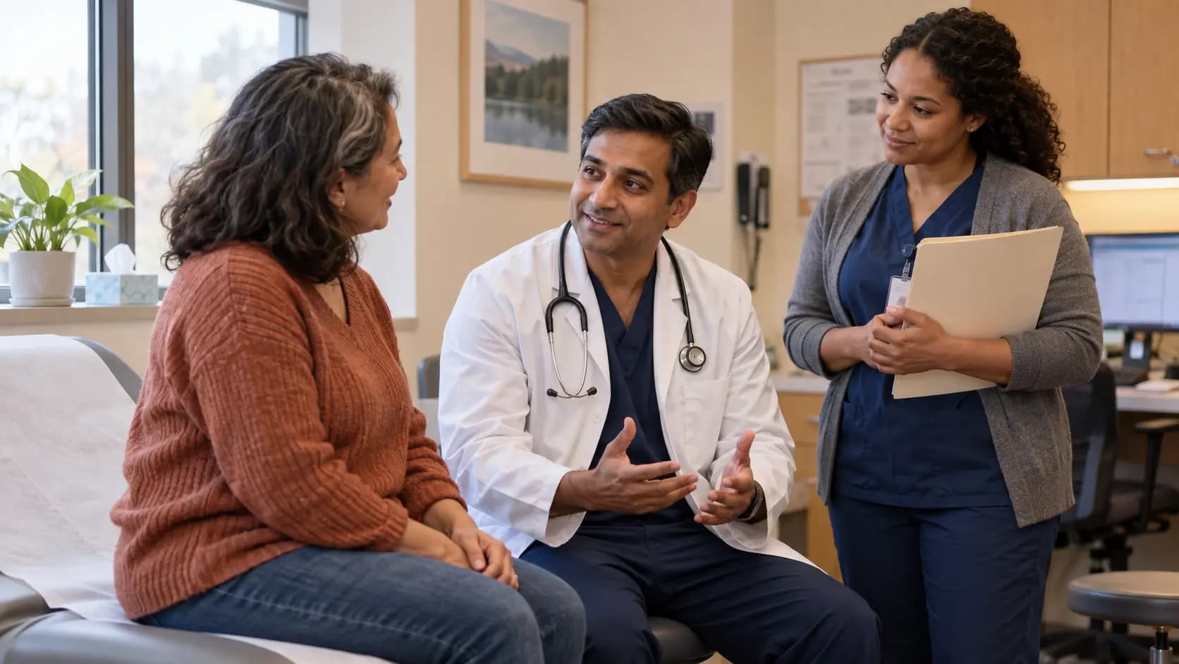 Clinician, patient, and healthcare colleague sharing a warm clinic interaction