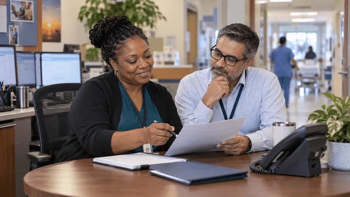 Reimbursement analyst and revenue manager reviewing a payment variance