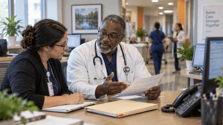 Medical coder and clinician resolving a claim detail together
