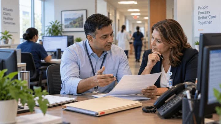 Reimbursement analyst and revenue manager reviewing a payment variance