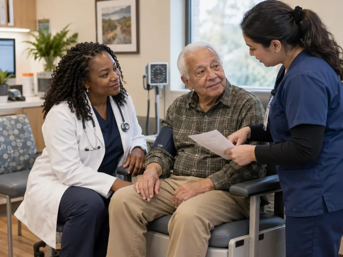 Geriatrics clinician and patient sharing a warm, attentive moment in a clinic