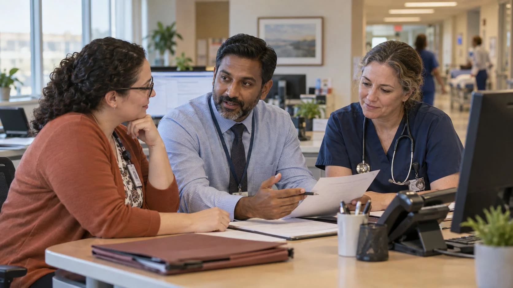 Denial-resolution specialist and clinician reviewing a claim together