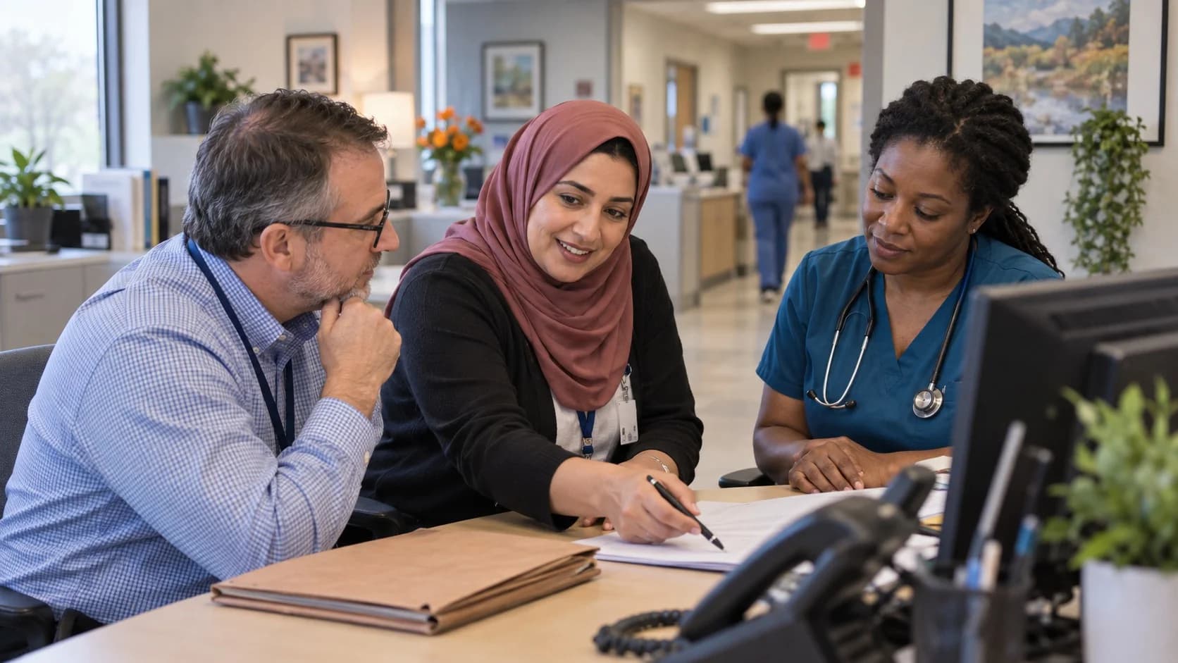 Denial-resolution specialist and clinician reviewing a claim together