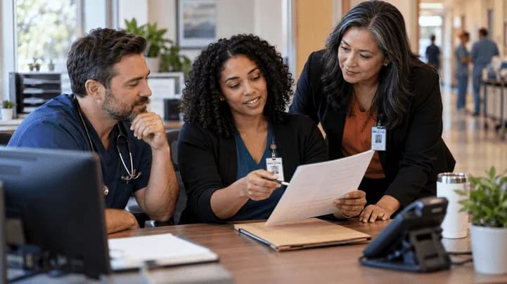 Denial-resolution specialist and clinician reviewing a claim together