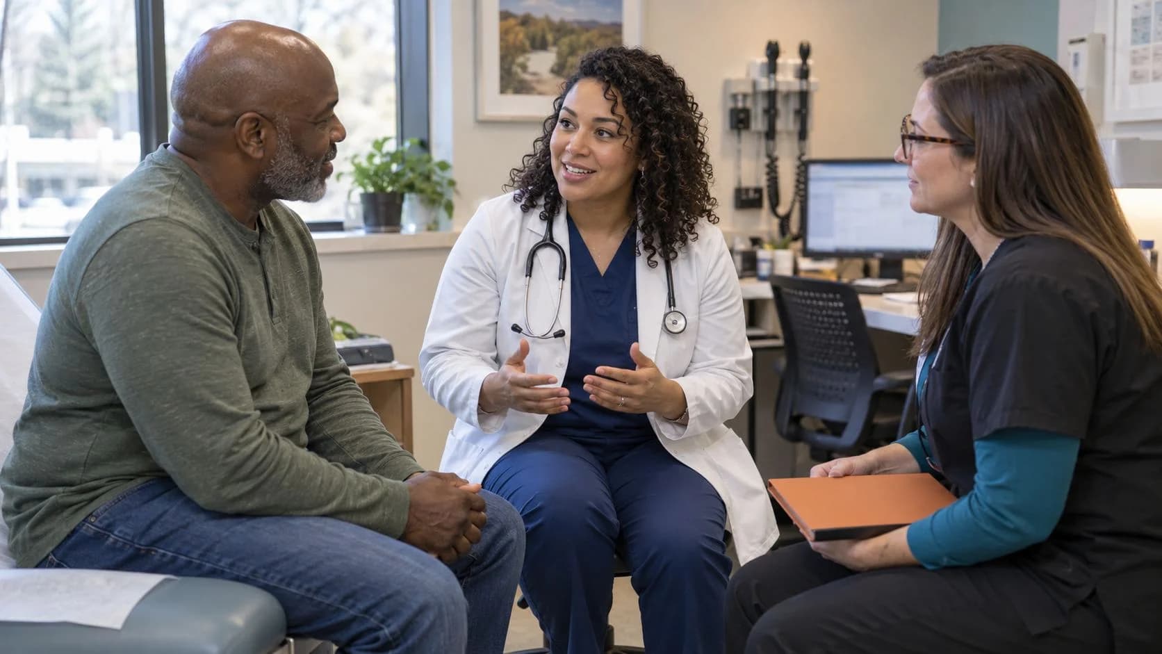 Clinician and patient speaking while a documentation colleague assists