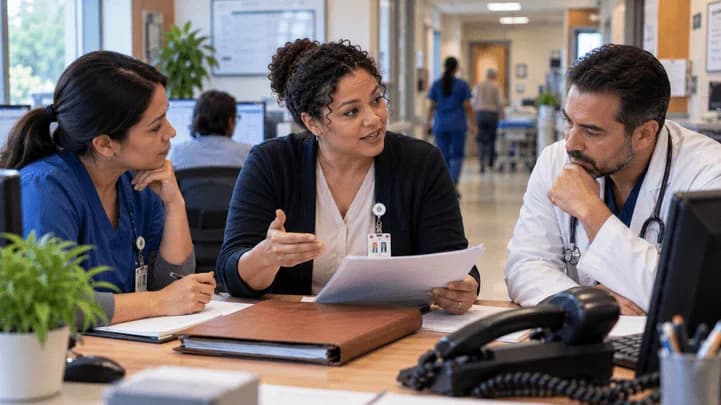 Patient-access coordinator and clinician resolving an authorization issue