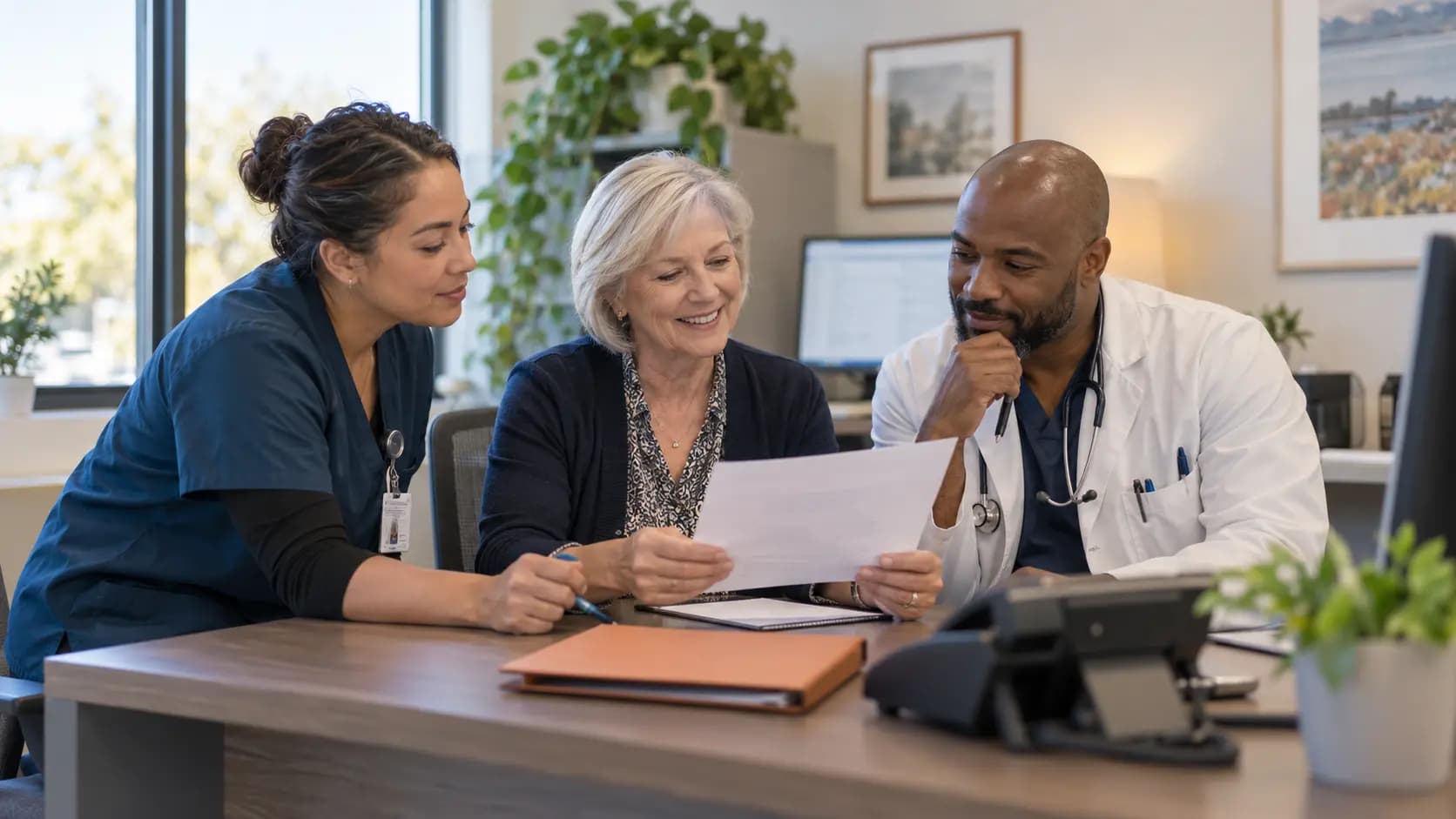 Practice manager and clinician reviewing payer requirements with a specialist