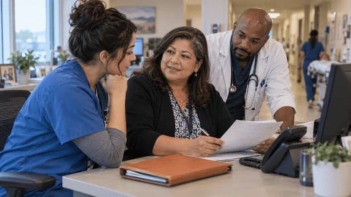 Patient-access coordinator and clinician resolving an authorization issue