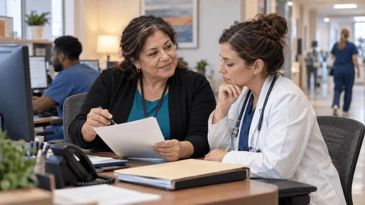 Medical coder and clinician resolving a claim detail together