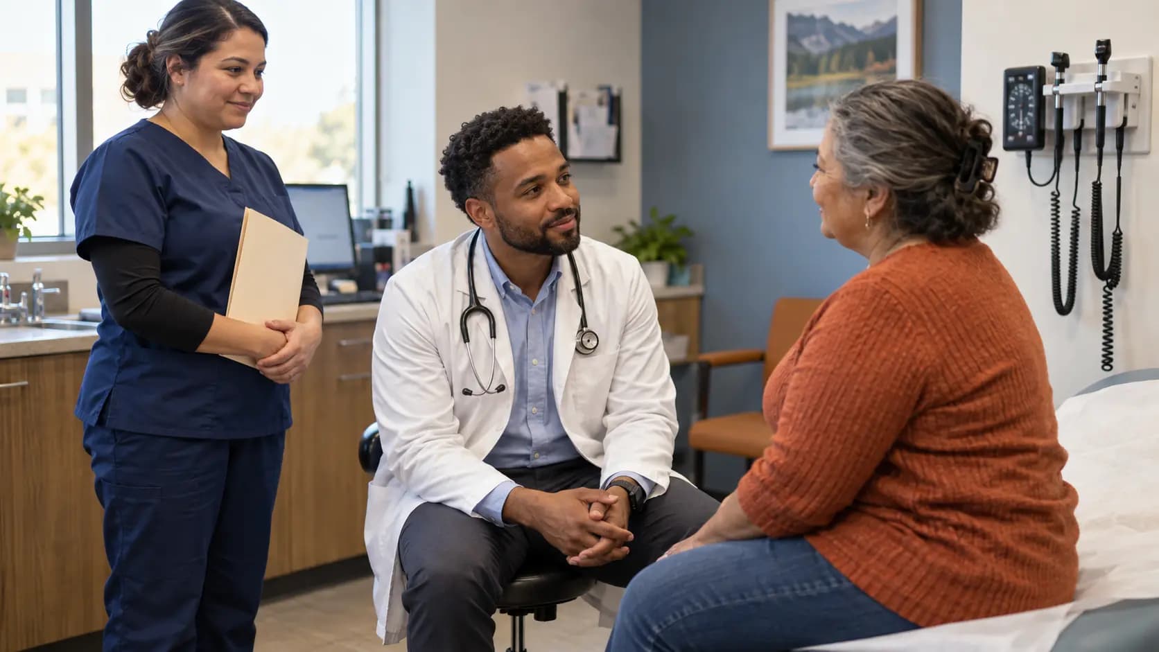 Primary Care clinician and patient sharing a warm, attentive moment in a clinic