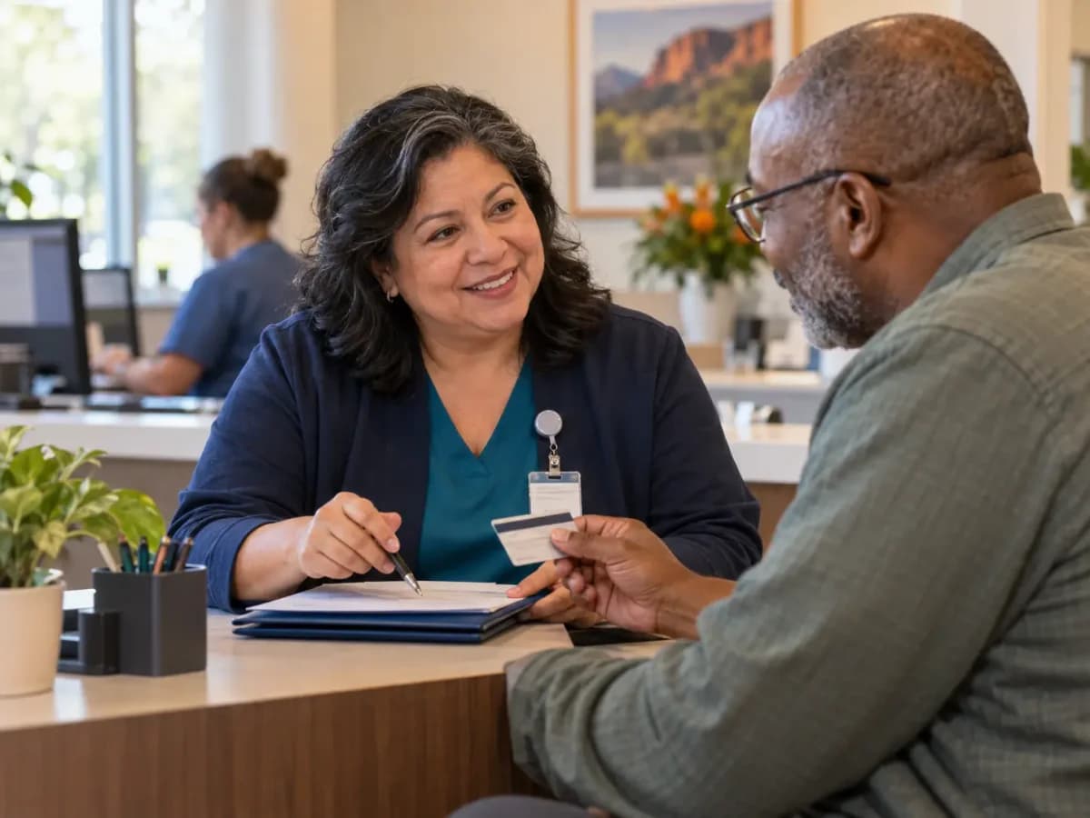 Patient-access coordinator helping a patient at a clinic desk