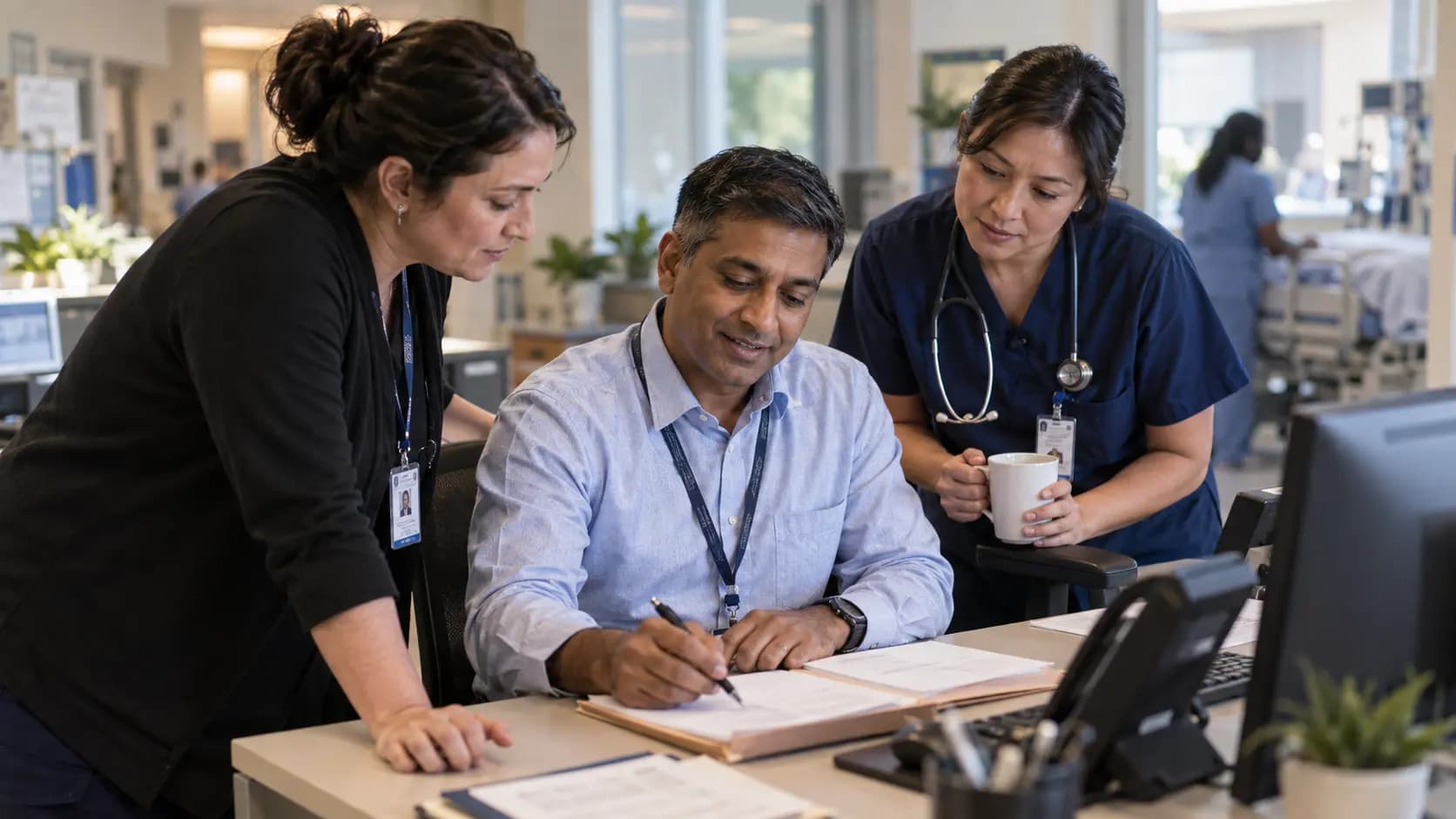 Revenue-cycle specialist and clinician resolving a billing workflow together Revenue-cycle specialist and clinician resolving a billing workflow together