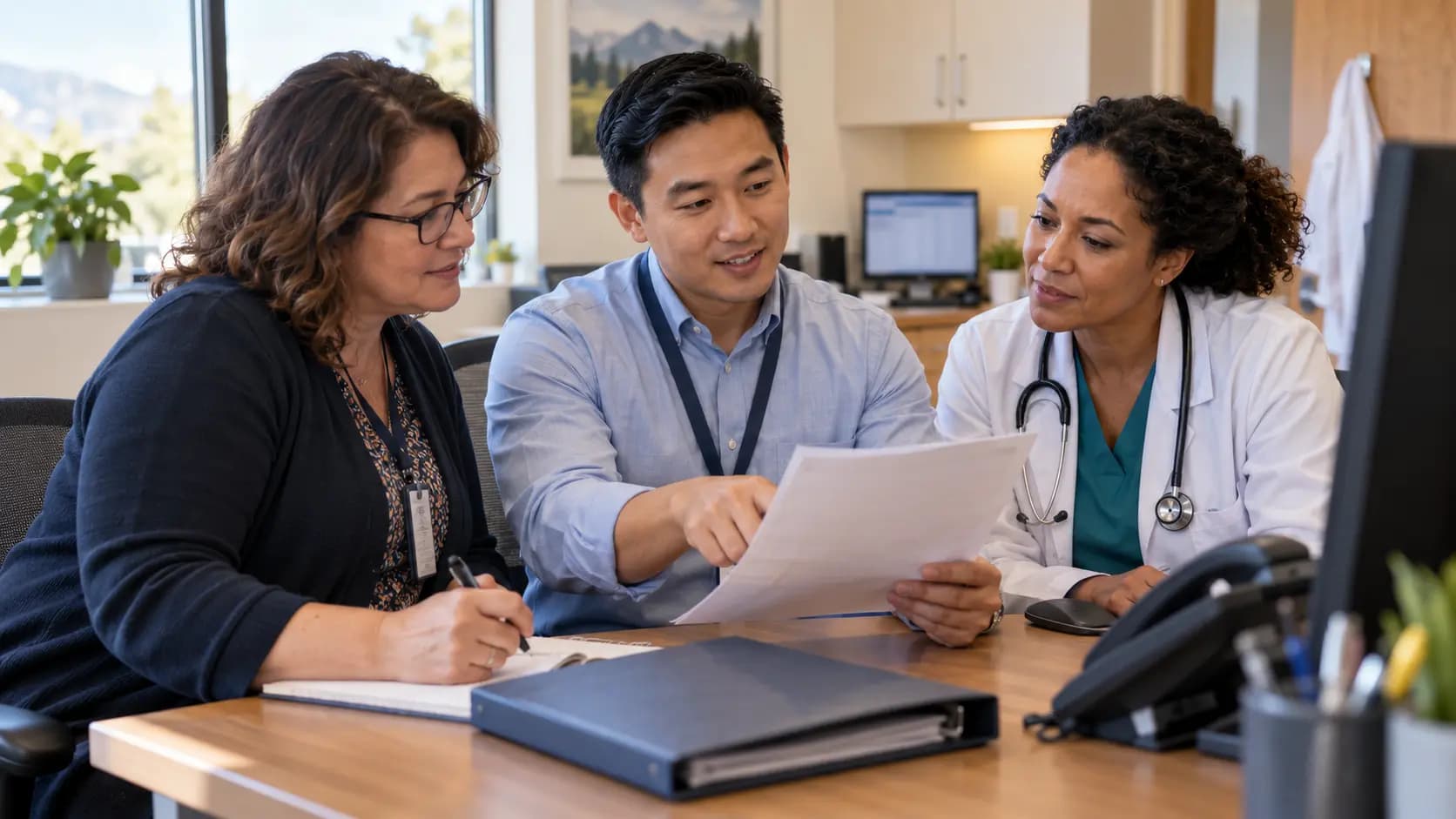 Practice manager and clinician reviewing payer requirements with a specialist