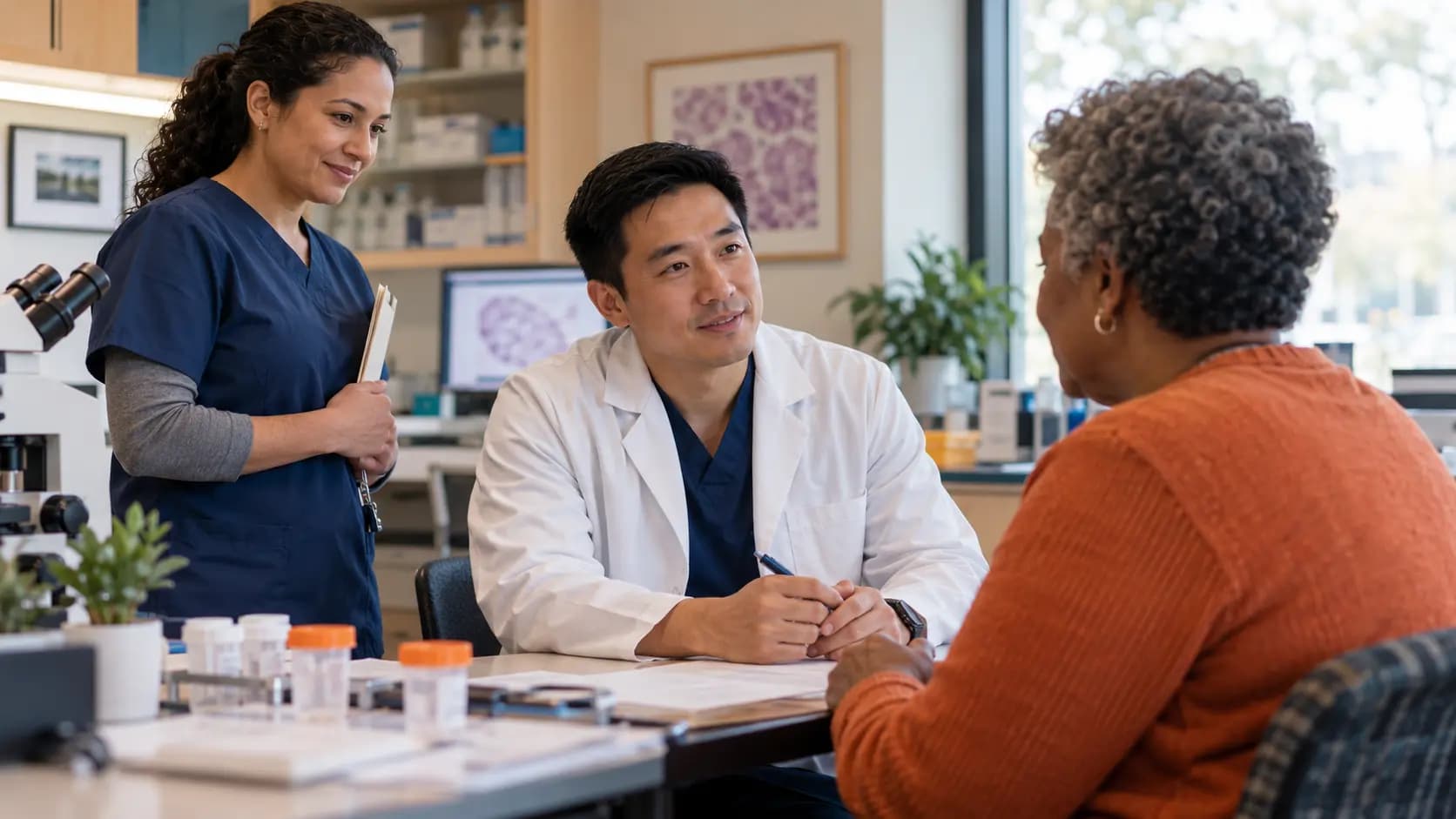 Pathology clinician and patient sharing a warm, attentive moment in a clinic