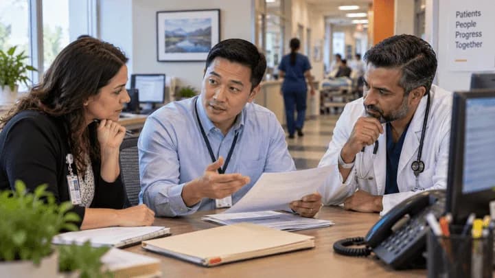 Denial-resolution specialist and clinician reviewing a claim together