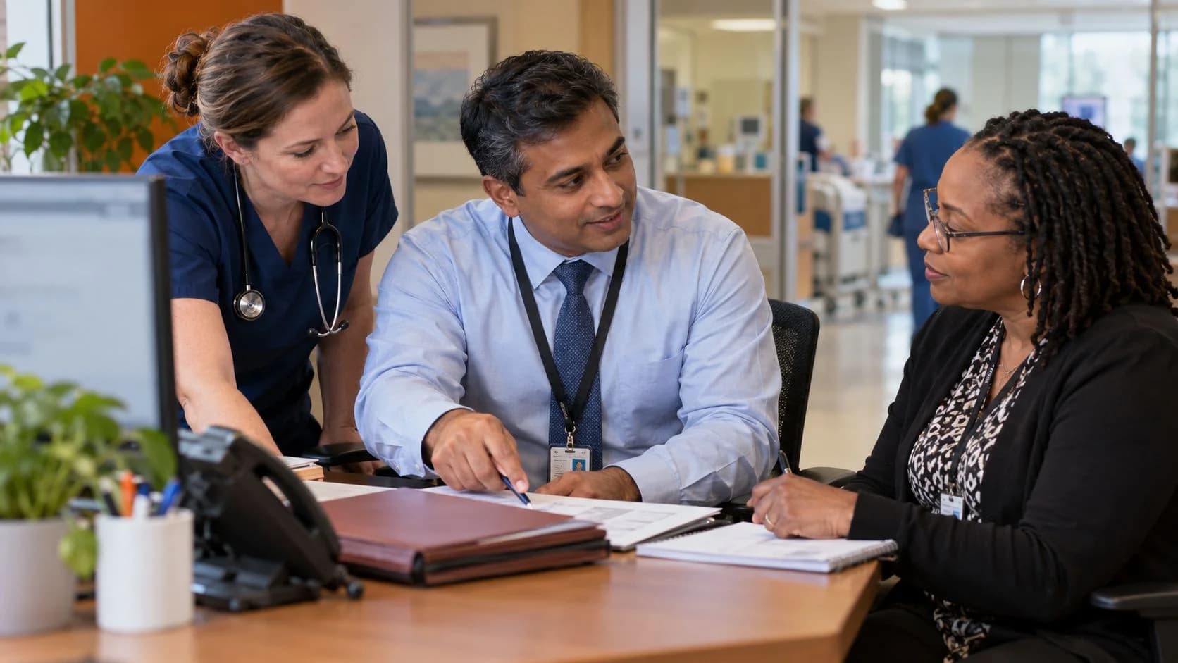 Denial-resolution specialist and clinician reviewing a claim together