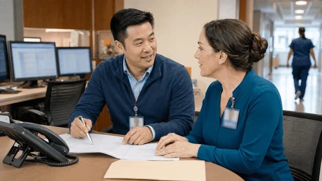 Reimbursement analyst and revenue manager reviewing a payment variance