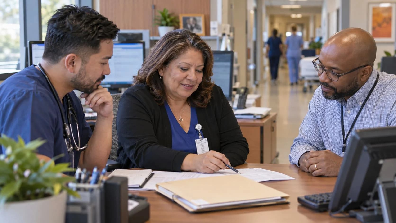 Denial-resolution specialist and clinician reviewing a claim together