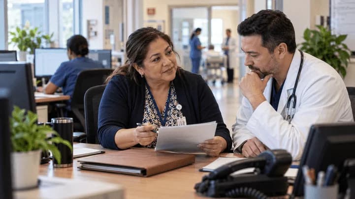 Medical coder and clinician resolving a claim detail together