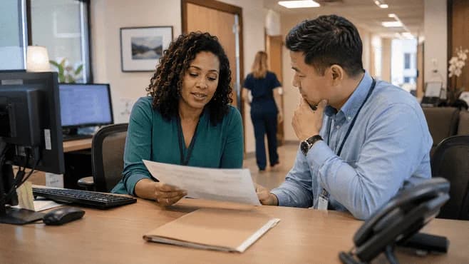 Reimbursement analyst and revenue manager reviewing a payment variance