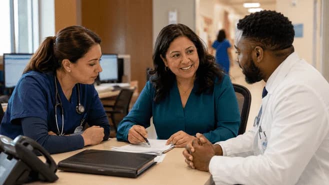 Patient-access coordinator and clinician resolving an authorization issue
