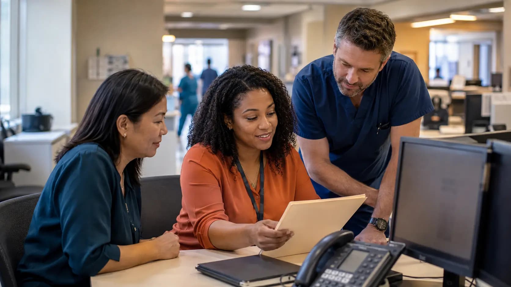Revenue-cycle specialist and clinician resolving a billing workflow together Revenue-cycle specialist and clinician resolving a billing workflow together