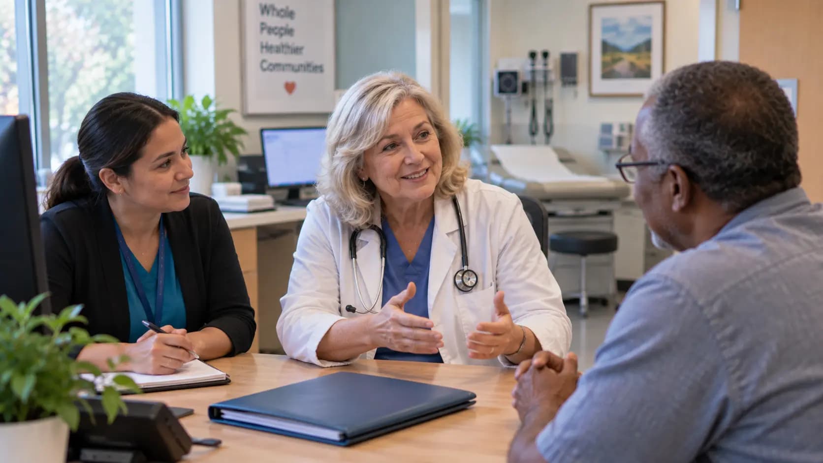 Clinician, patient, and healthcare colleague sharing a warm clinic interaction Clinician, patient, and healthcare colleague sharing a warm clinic interaction