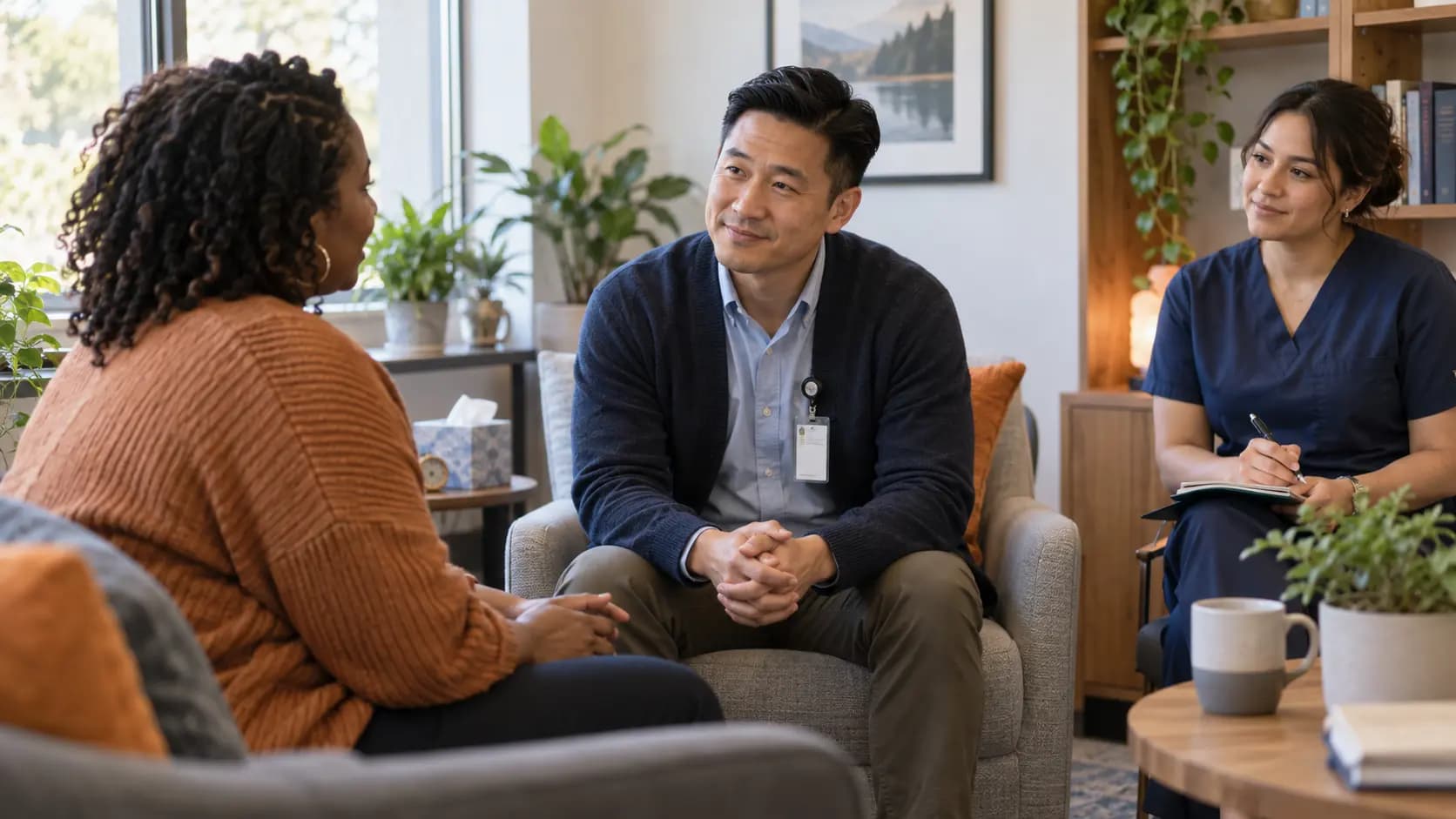 Psychiatry clinician and patient sharing a warm, attentive moment in a clinic