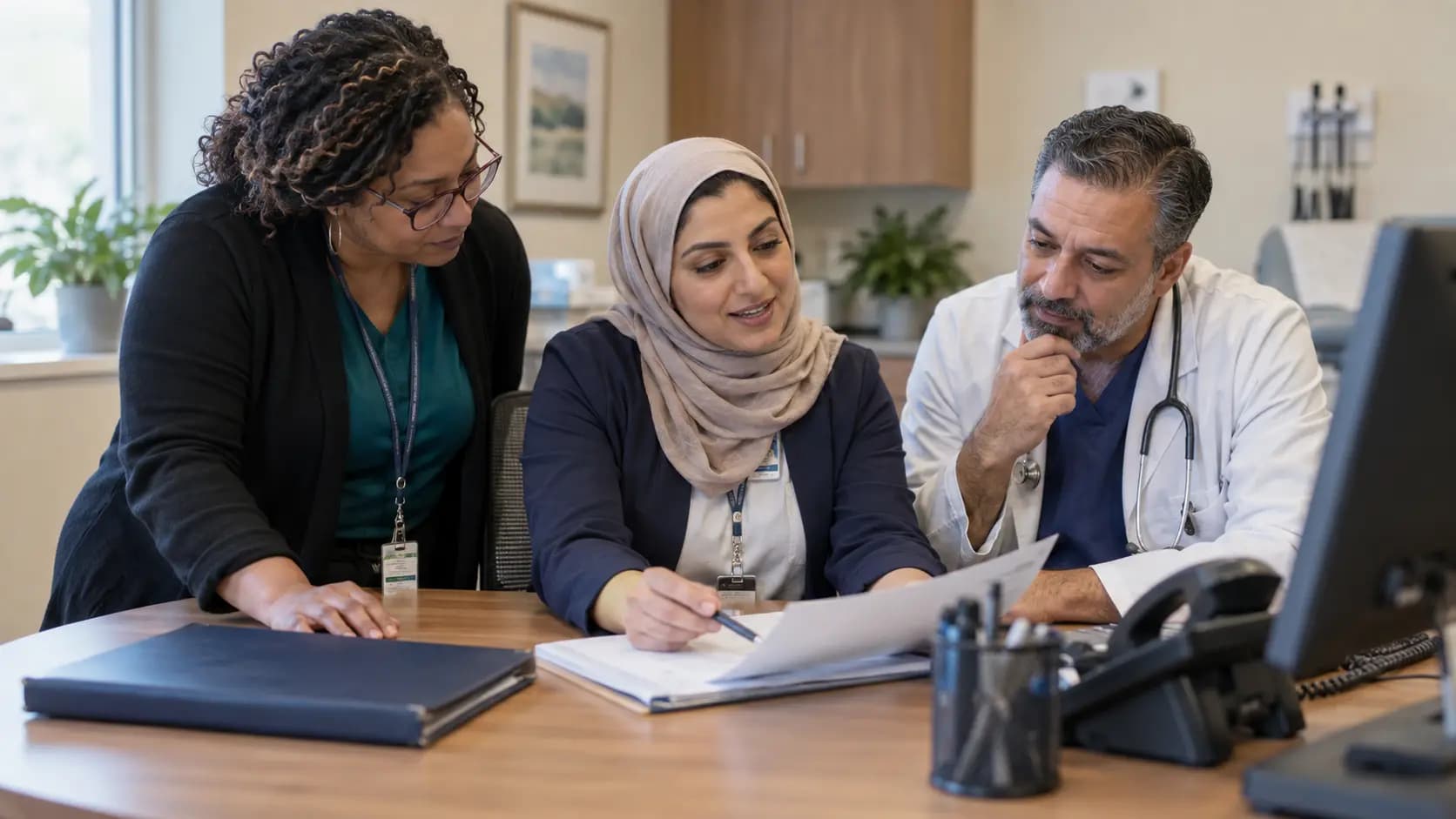 Practice manager and clinician reviewing payer requirements with a specialist