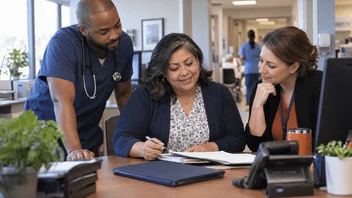 Denial-resolution specialist and clinician reviewing a claim together