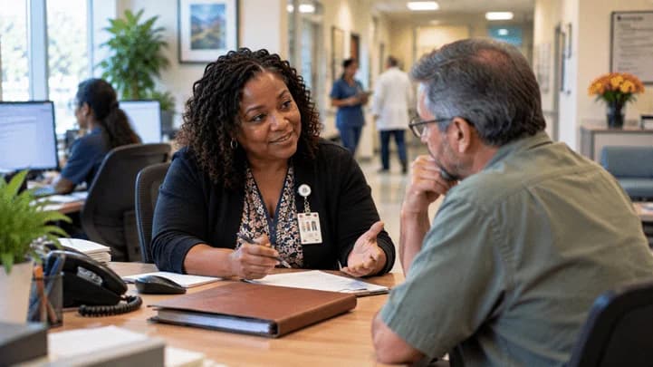 Patient financial counselor explaining a billing responsibility to a patient