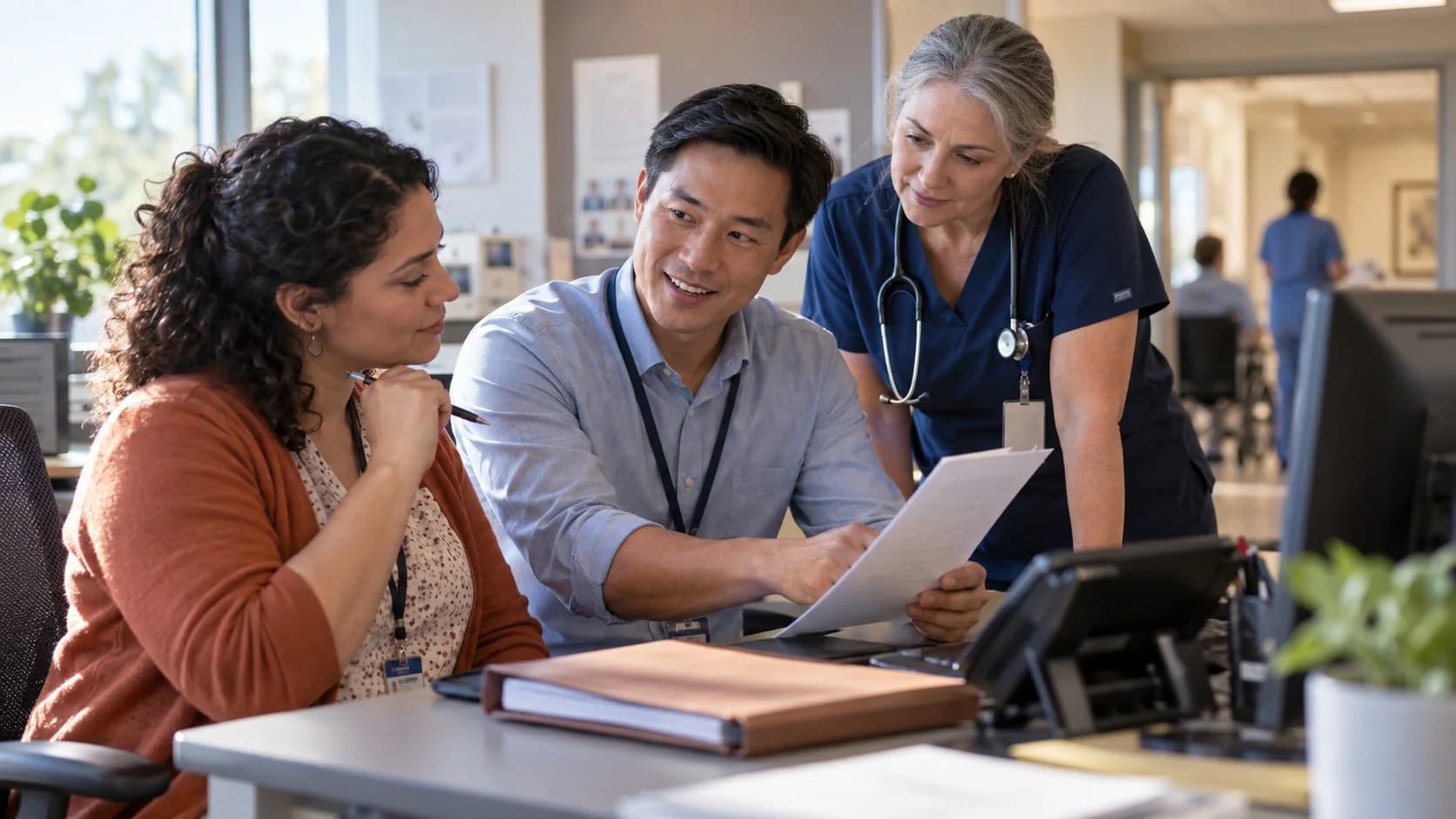 Patient-access coordinator and clinician resolving an authorization issue