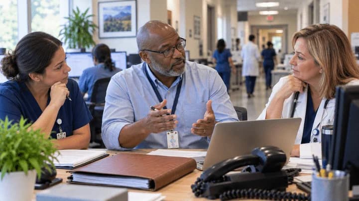 Denial-resolution specialist and clinician reviewing a claim together