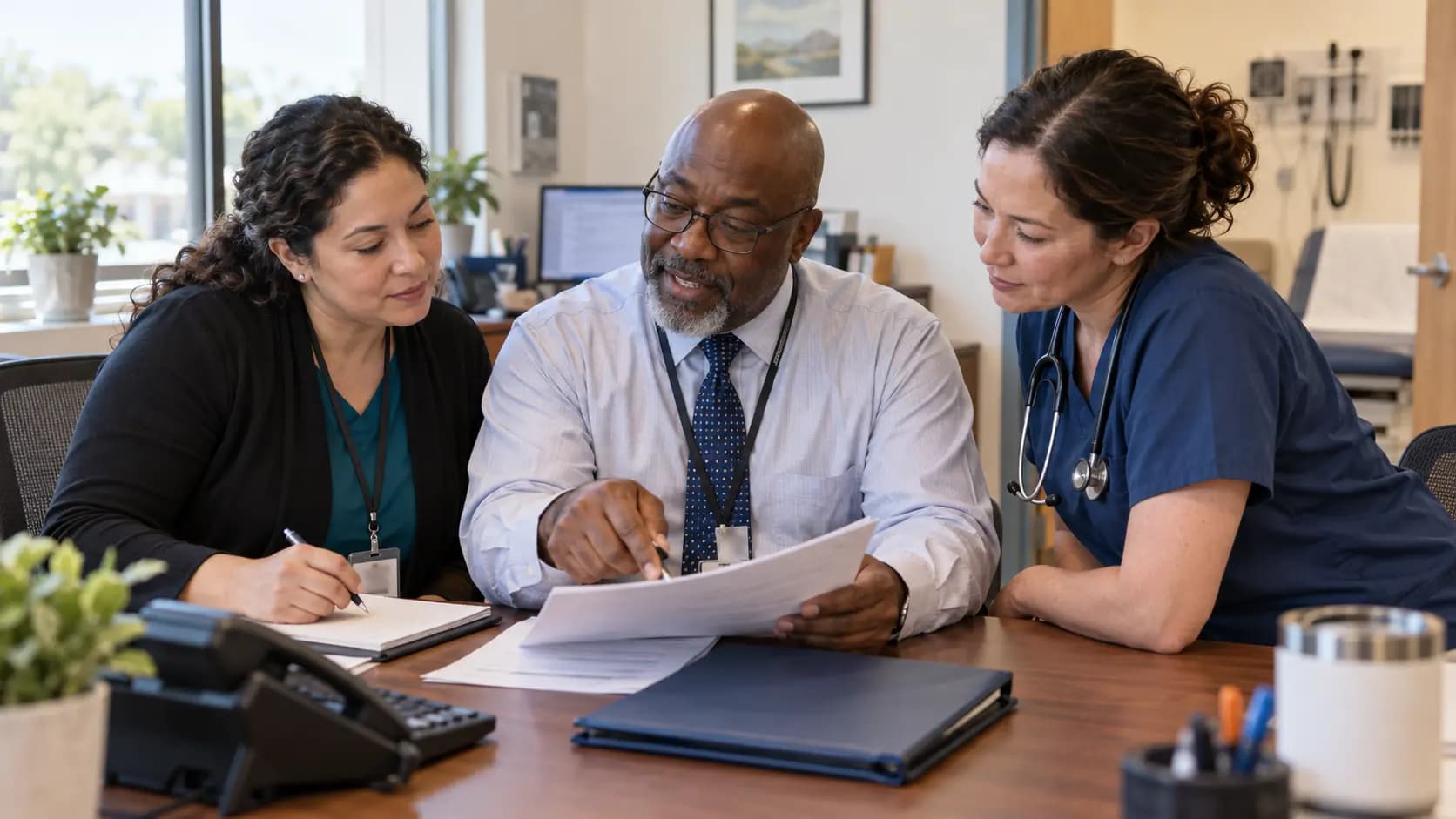 Practice manager and clinician reviewing payer requirements with a specialist