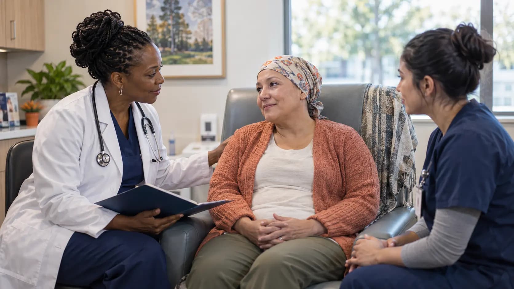 Oncology clinician and patient sharing a warm, attentive moment in a clinic