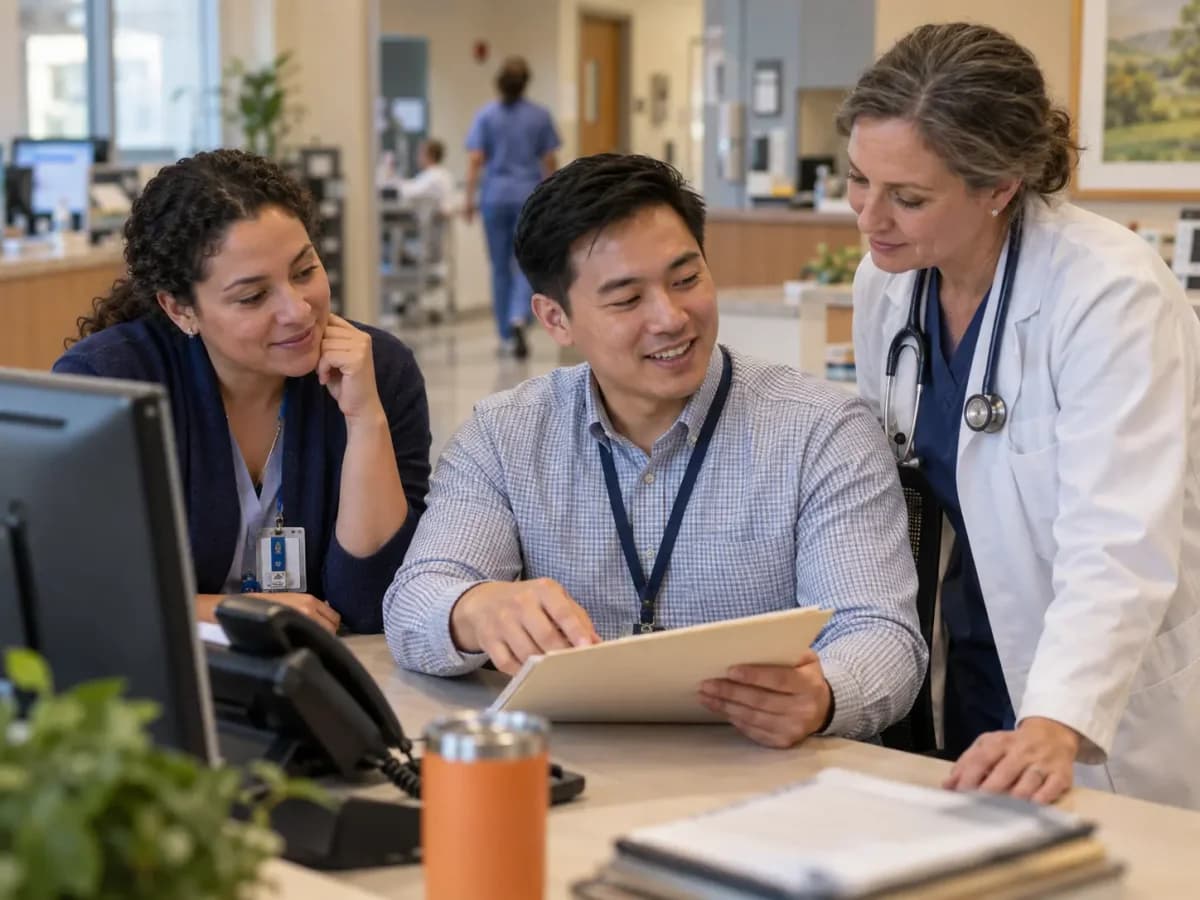 Revenue-cycle specialist and clinician resolving a billing workflow together