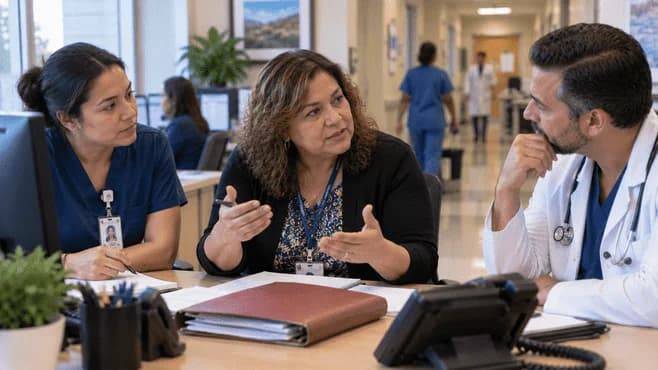 Patient-access coordinator and clinician resolving an authorization issue