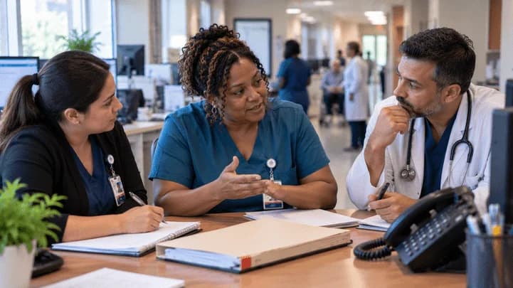 Patient-access coordinator and clinician resolving an authorization issue