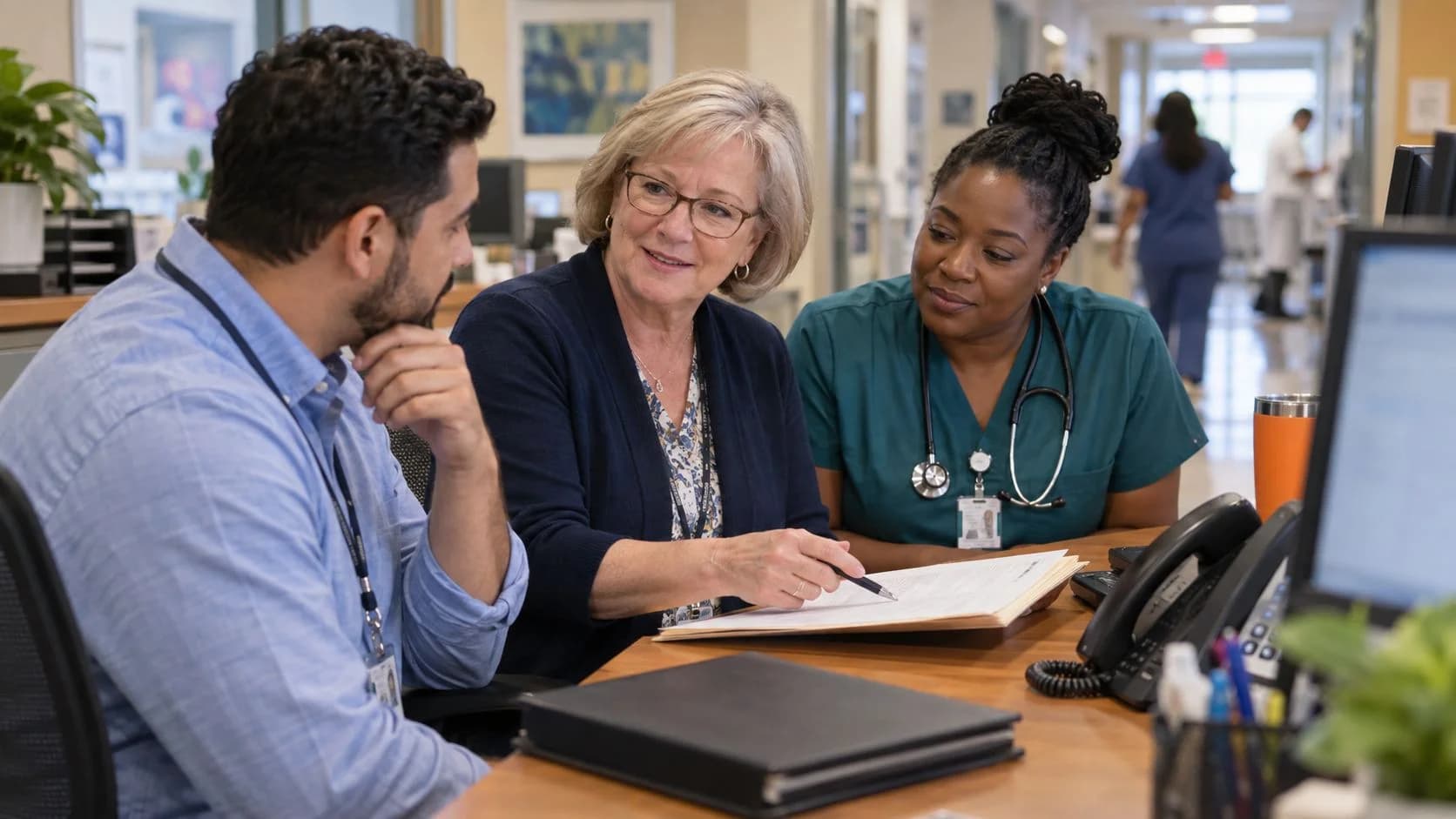 Denial-resolution specialist and clinician reviewing a claim together