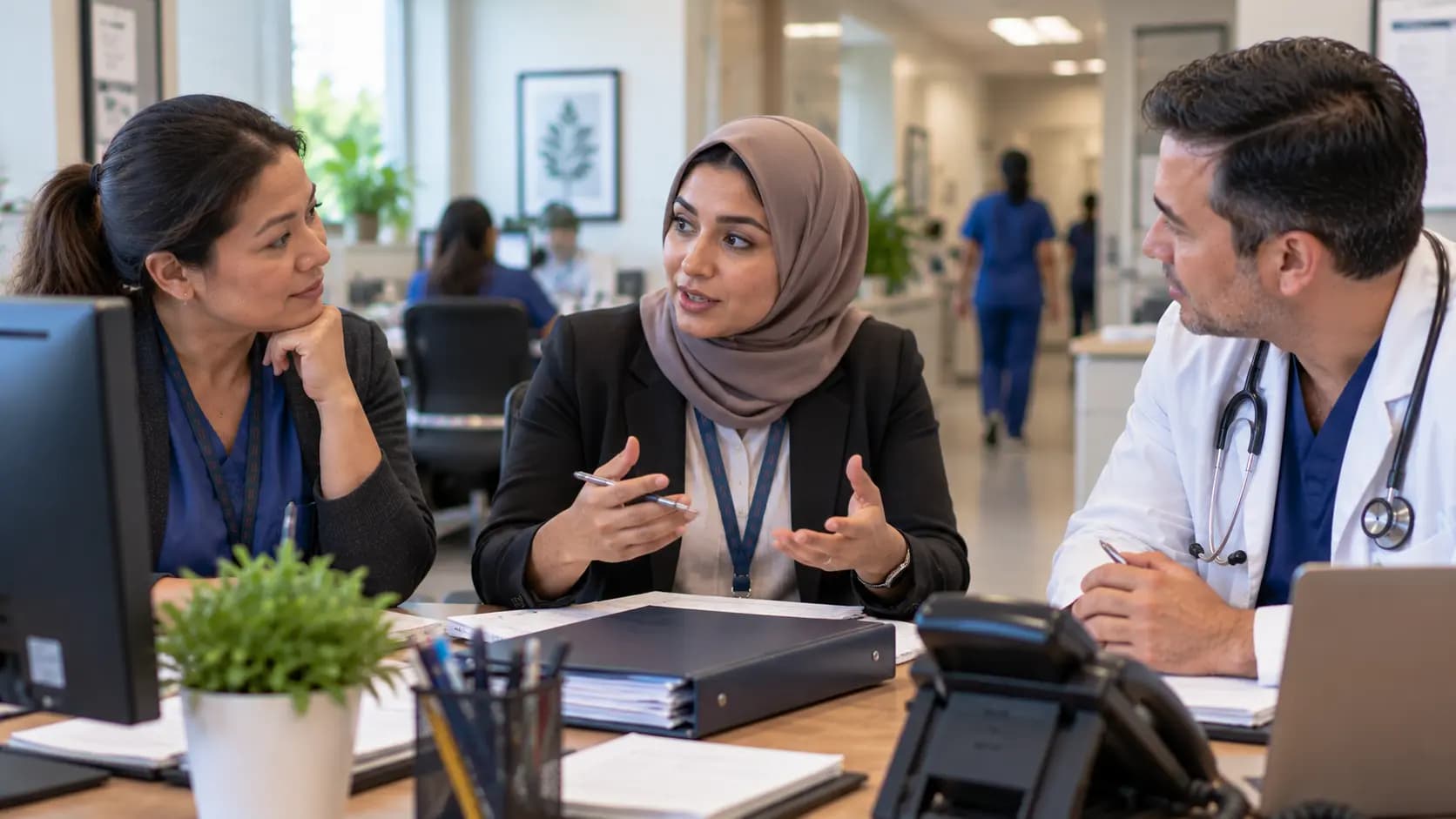 Practice manager and clinician reviewing payer requirements with a specialist