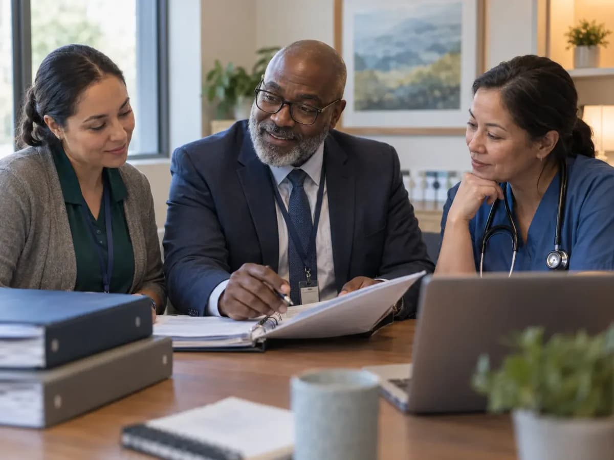 Healthcare compliance officer meeting with a clinician and practice manager