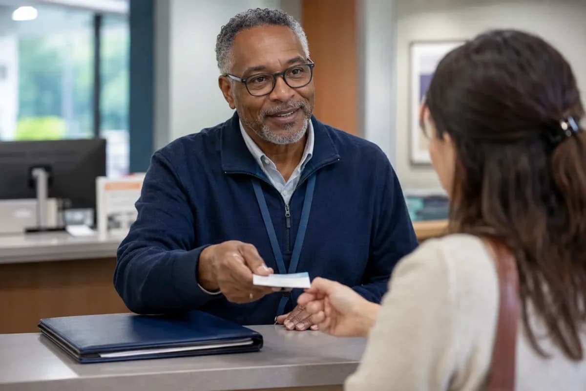 Patient-access coordinator helping a patient at a clinic desk