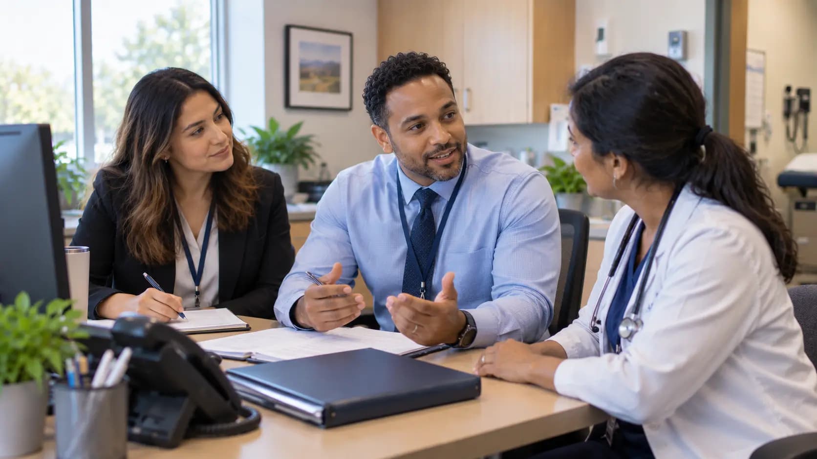 Practice manager and clinician reviewing payer requirements with a specialist