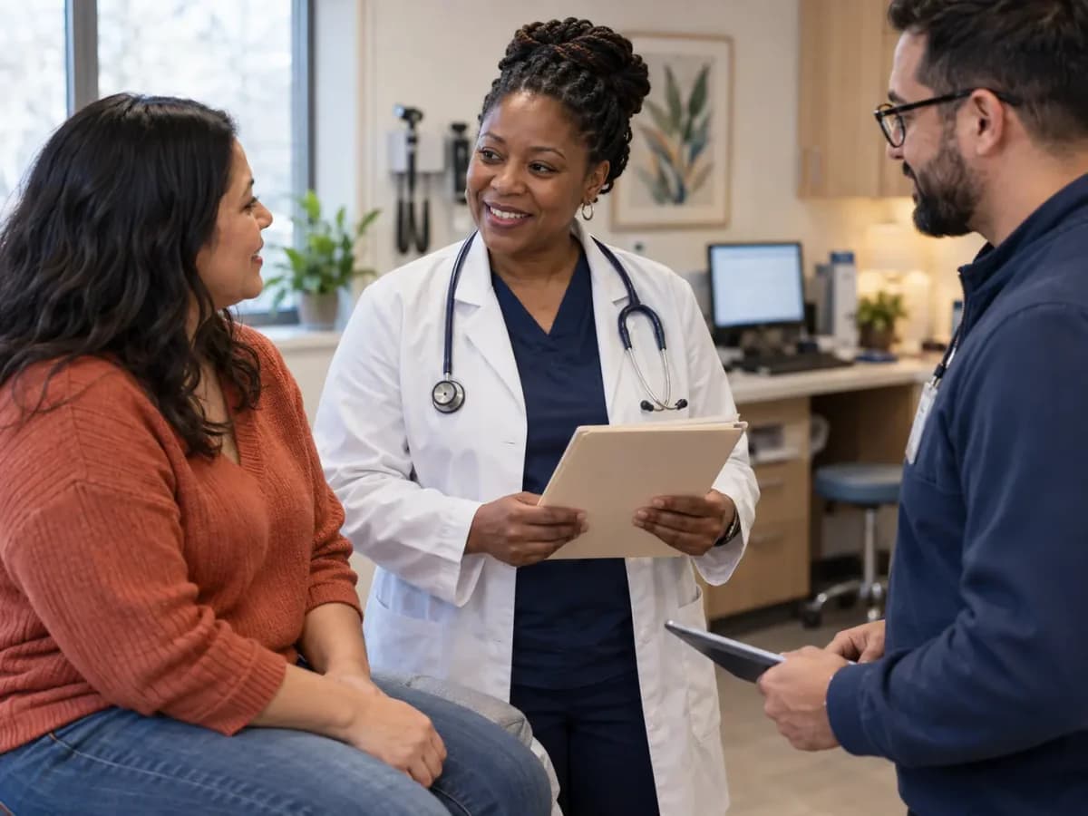 Clinician, patient, and healthcare colleague sharing a warm clinic interaction