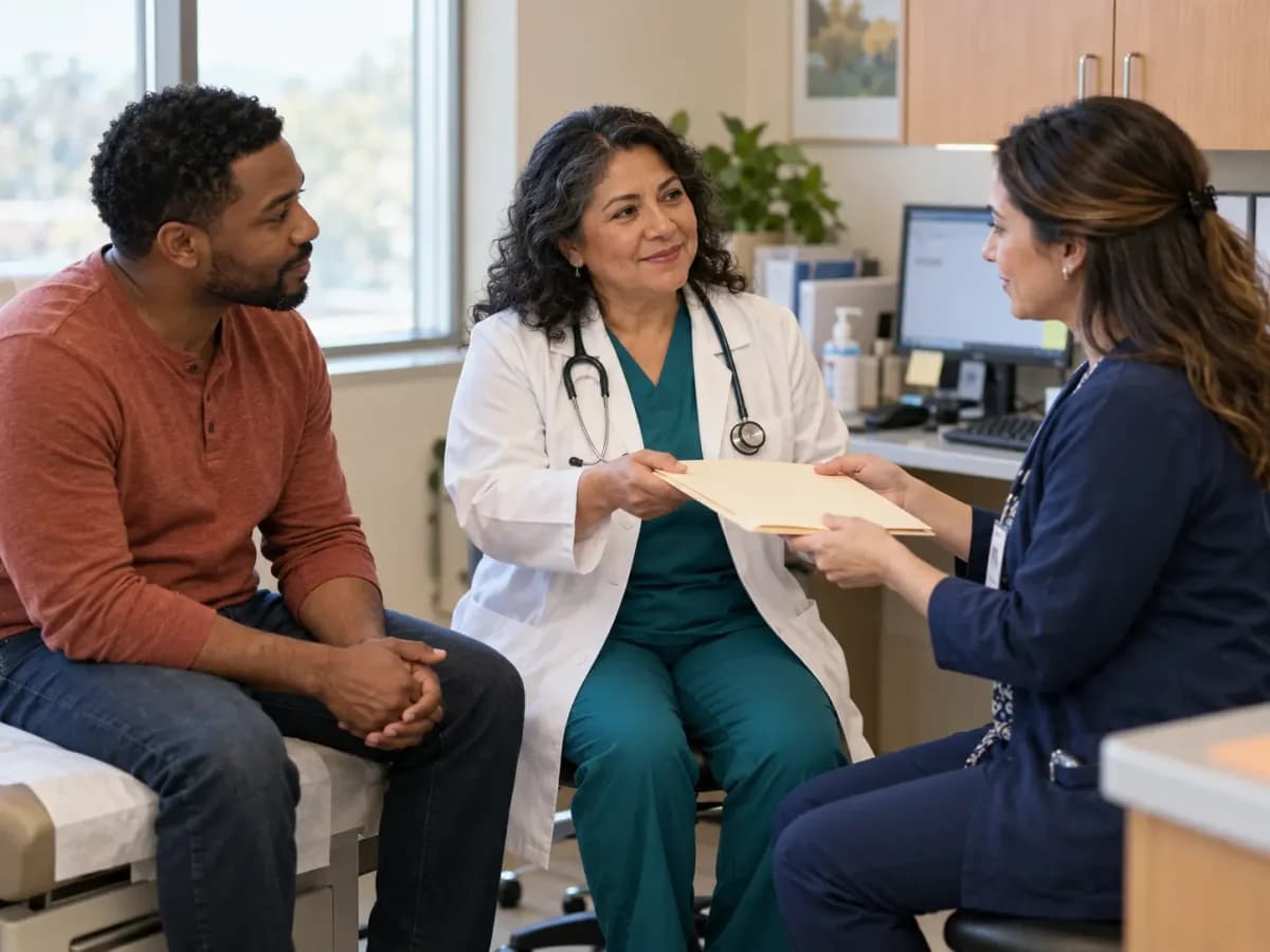 Clinician, patient, and healthcare colleague sharing a warm clinic interaction