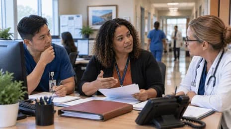 Denial-resolution specialist and clinician reviewing a claim together