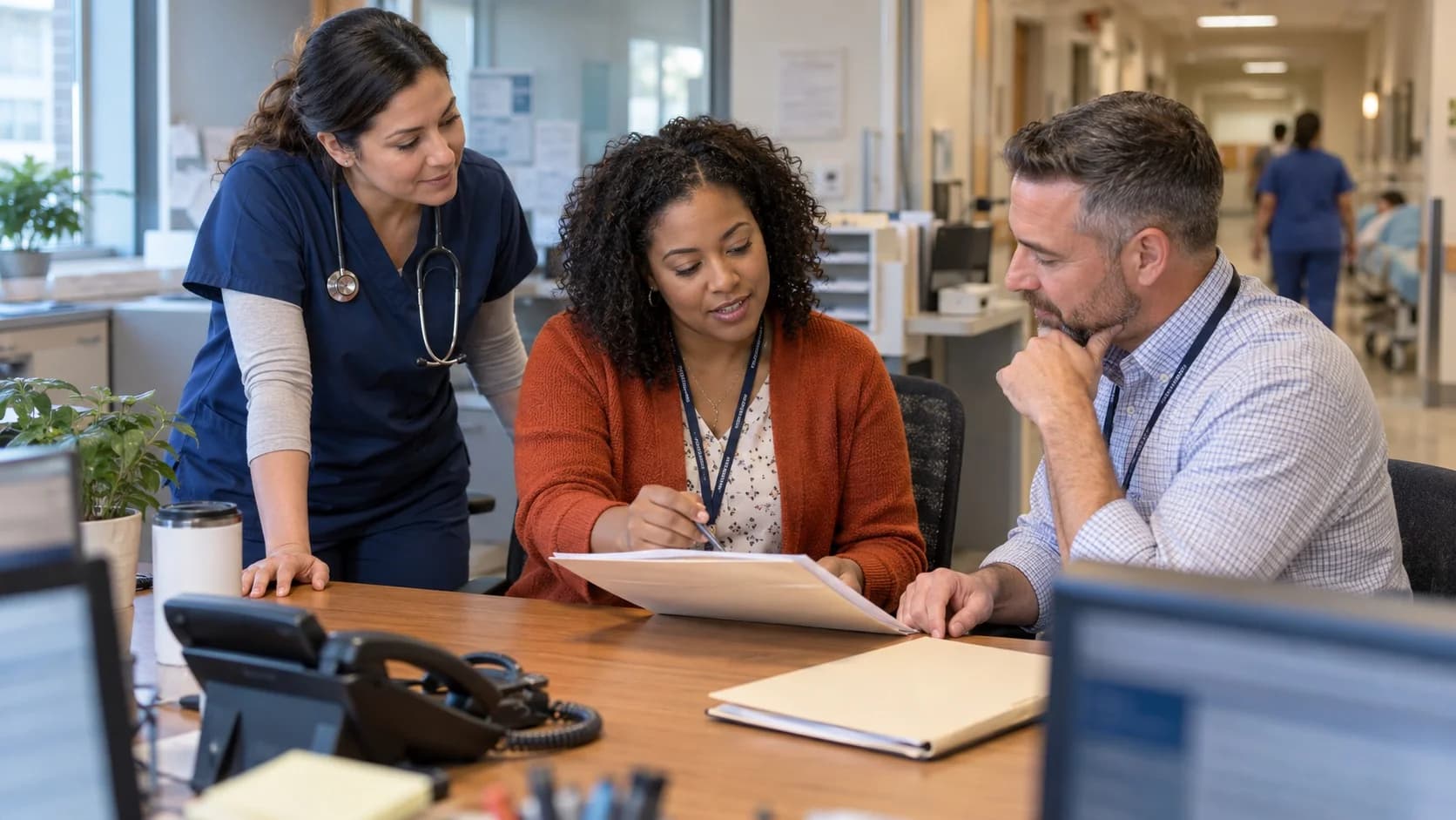 Denial-resolution specialist and clinician reviewing a claim together
