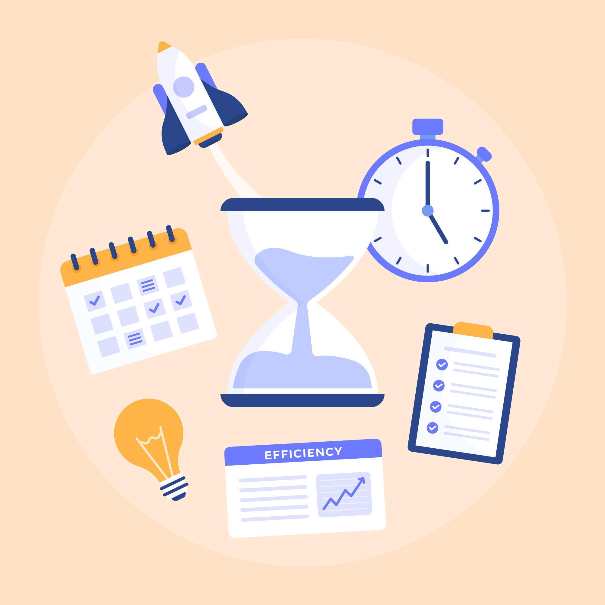 Illustration of an hourglass, stopwatch, calendar, checklist, light bulb, rocket, and efficiency report.